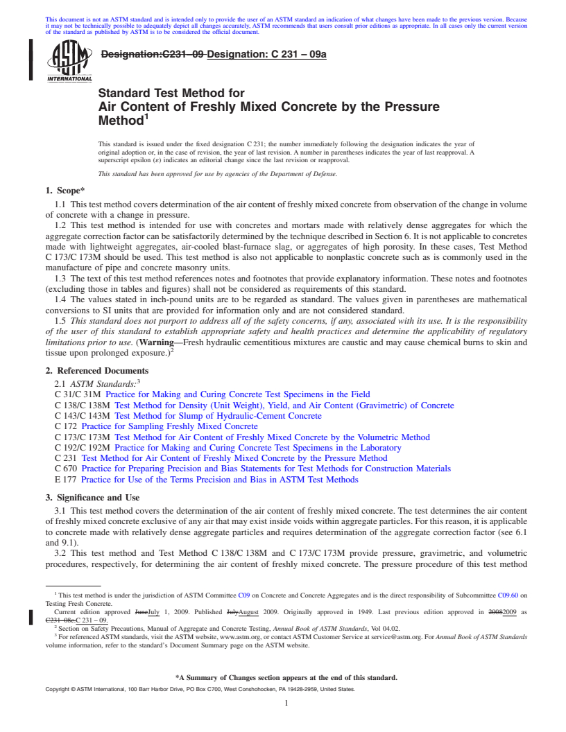 REDLINE ASTM C231-09a - Standard Test Method for  Air Content of Freshly Mixed Concrete by the Pressure Method