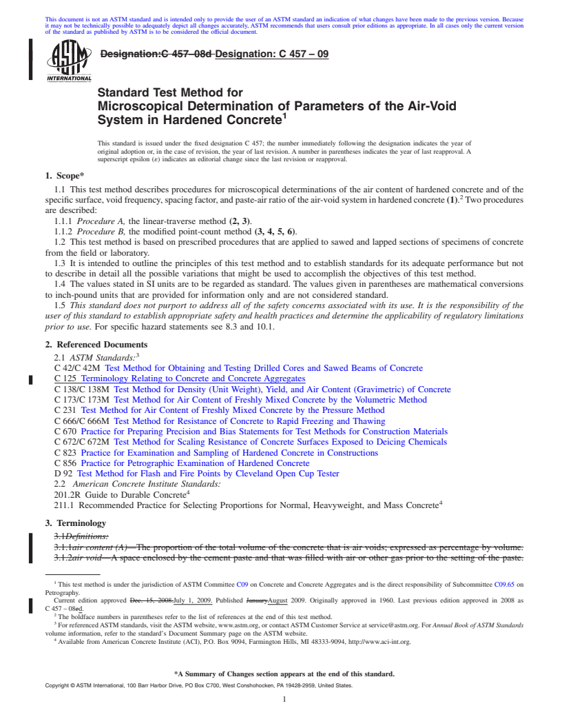 REDLINE ASTM C457-09 - Standard Test Method for Microscopical Determination of Parameters of the Air-Void System in Hardened Concrete