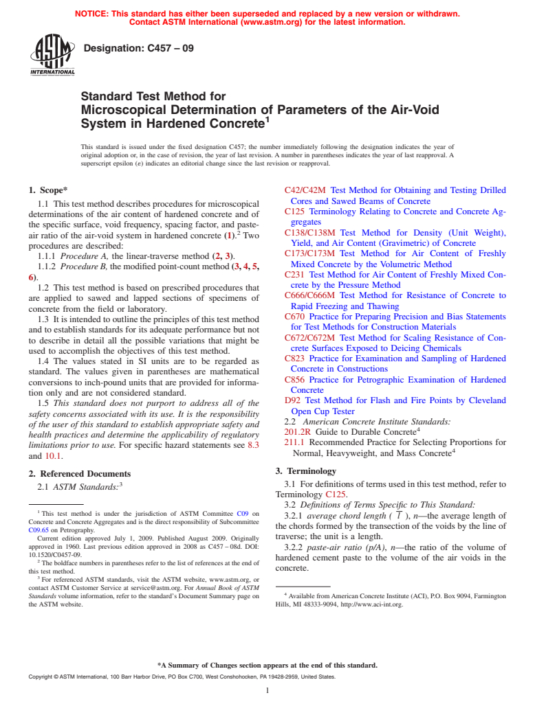 ASTM C457-09 - Standard Test Method for Microscopical Determination of Parameters of the Air-Void System in Hardened Concrete