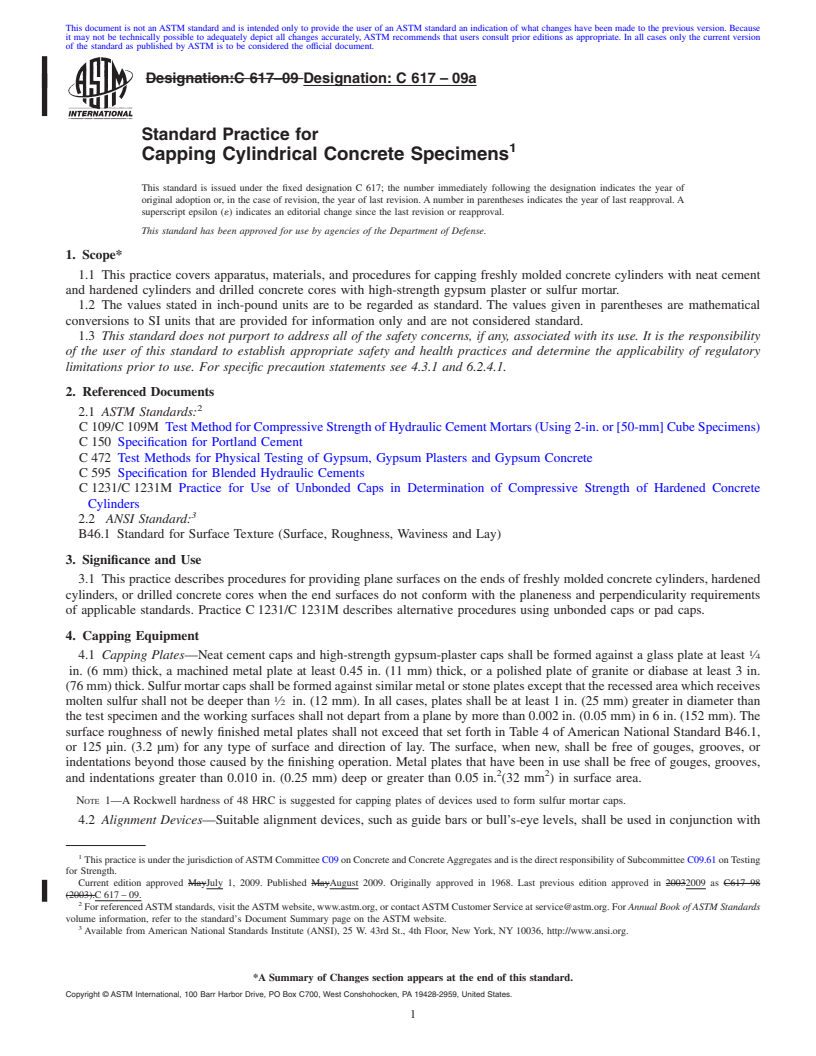 REDLINE ASTM C617-09a - Standard Practice for Capping Cylindrical Concrete Specimens