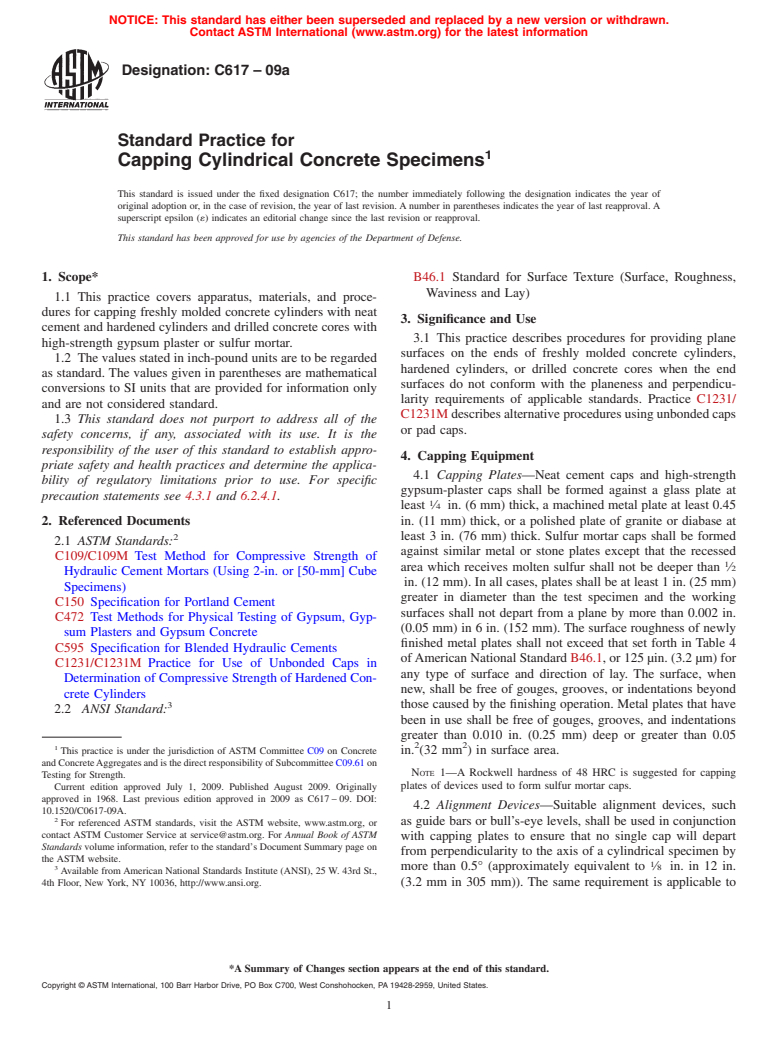 ASTM C617-09a - Standard Practice for Capping Cylindrical Concrete Specimens