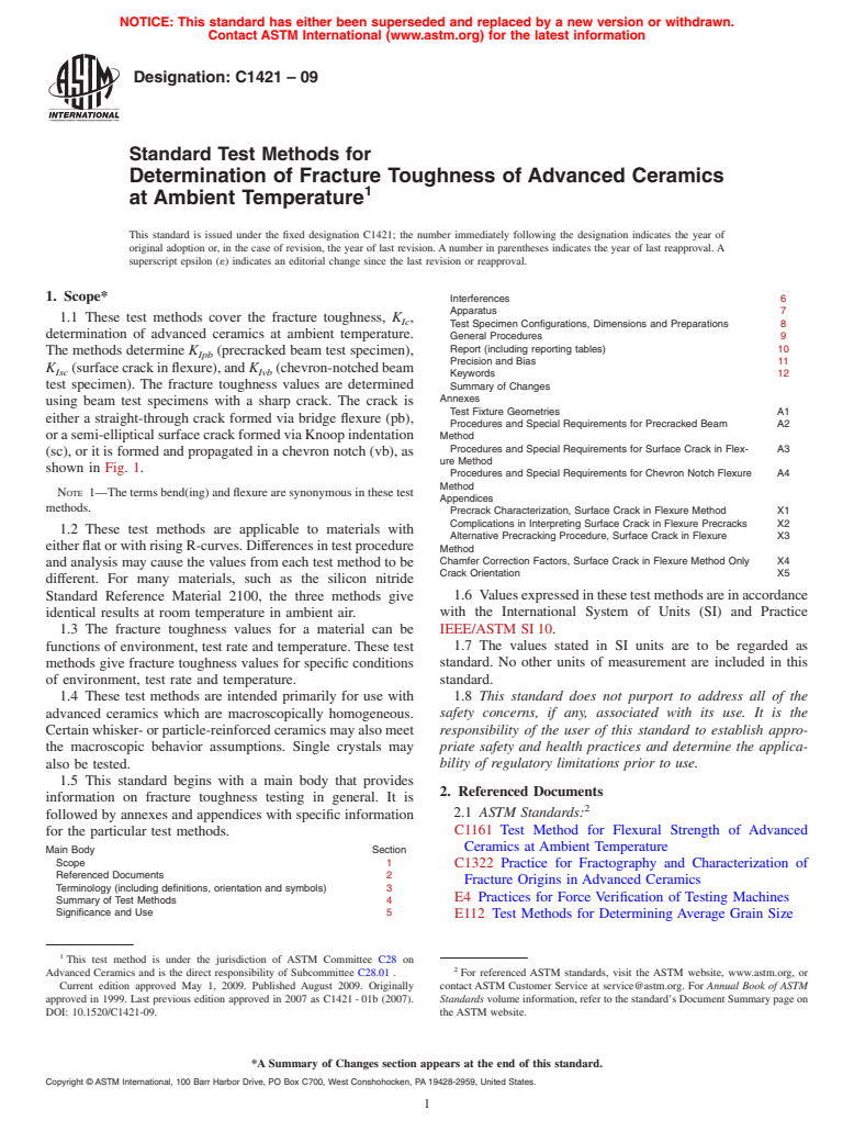 ASTM C1421-09 - Standard Test Methods for Determination of Fracture Toughness of Advanced Ceramics at Ambient Temperature