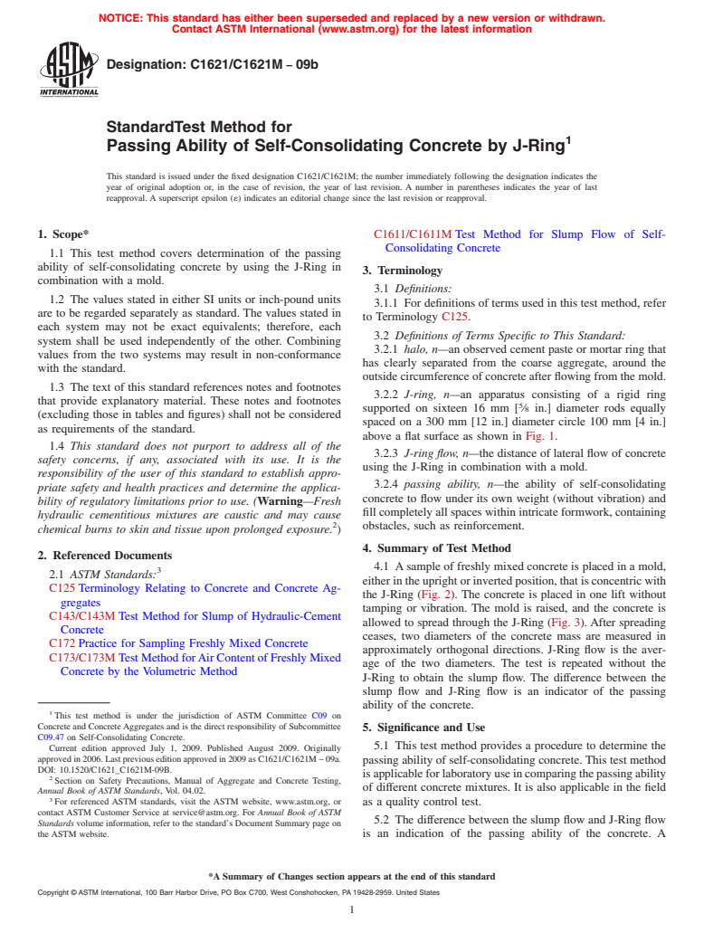 ASTM C1621/C1621M-09b - Standard Test Method for Passing Ability of Self-Consolidating Concrete by J-Ring