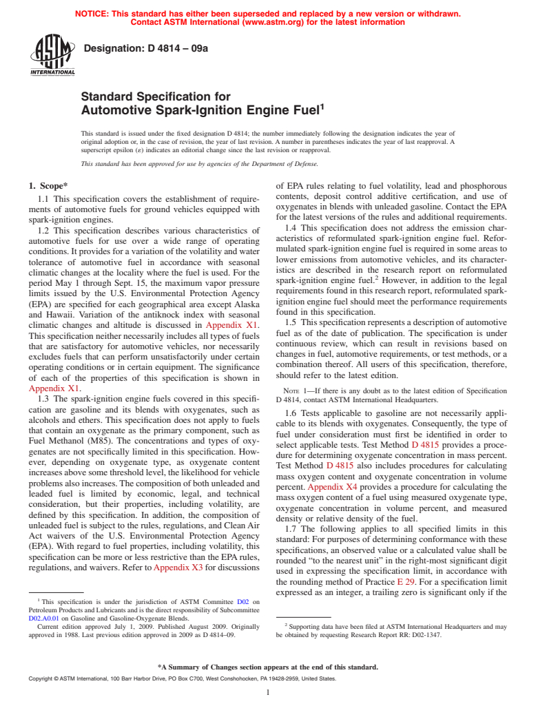 ASTM D4814-09a - Standard Specification for Automotive Spark-Ignition Engine Fuel