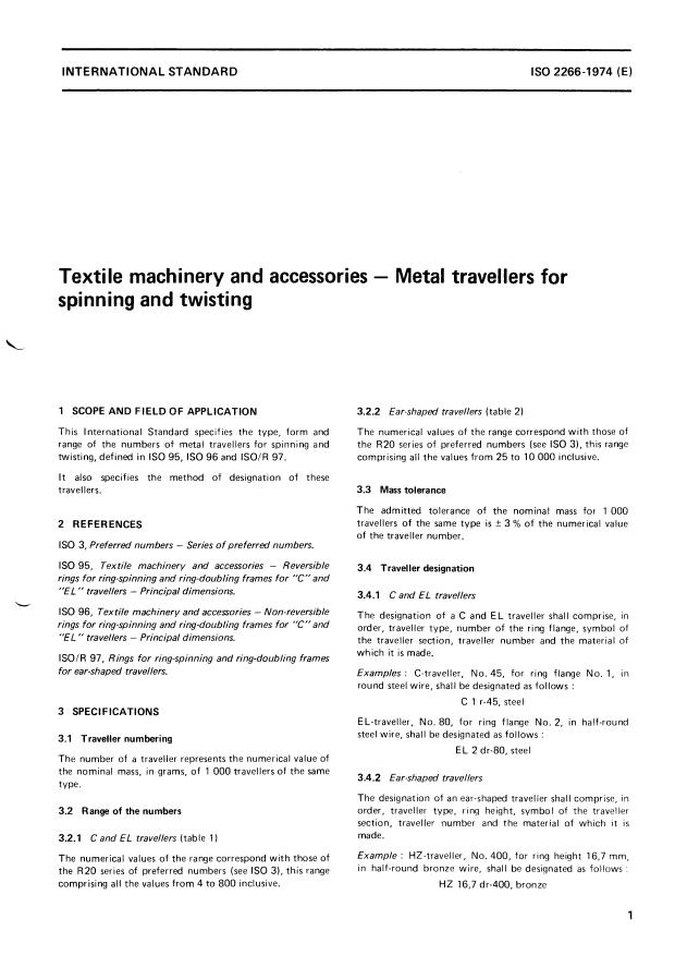 ISO 2266:1974 - Textile machinery and accessories -- Metal travellers for spinning and twisting