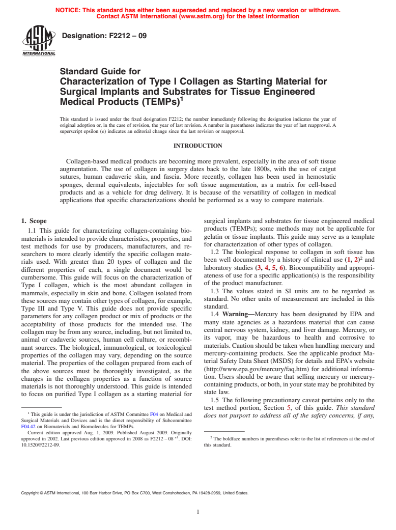 ASTM F2212-09 - Standard Guide for Characterization of Type I Collagen as Starting Material for Surgical Implants and Substrates for Tissue Engineered Medical Products (TEMPs)