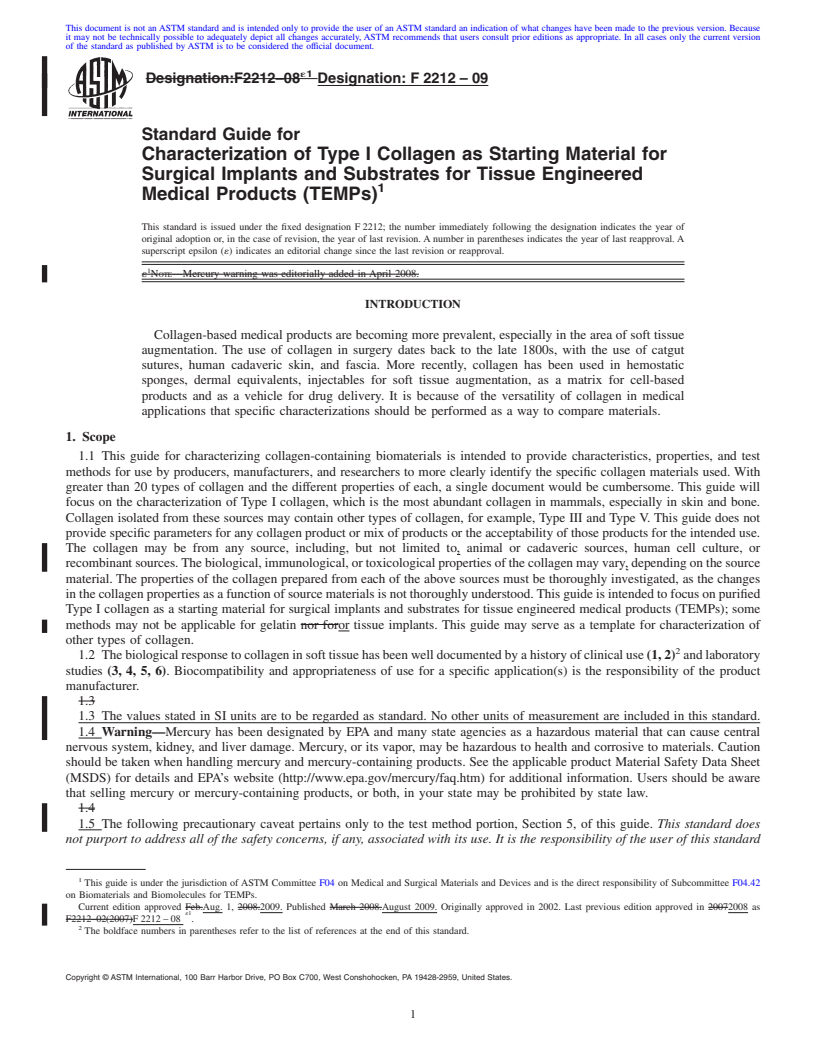 REDLINE ASTM F2212-09 - Standard Guide for Characterization of Type I Collagen as Starting Material for Surgical Implants and Substrates for Tissue Engineered Medical Products (TEMPs)