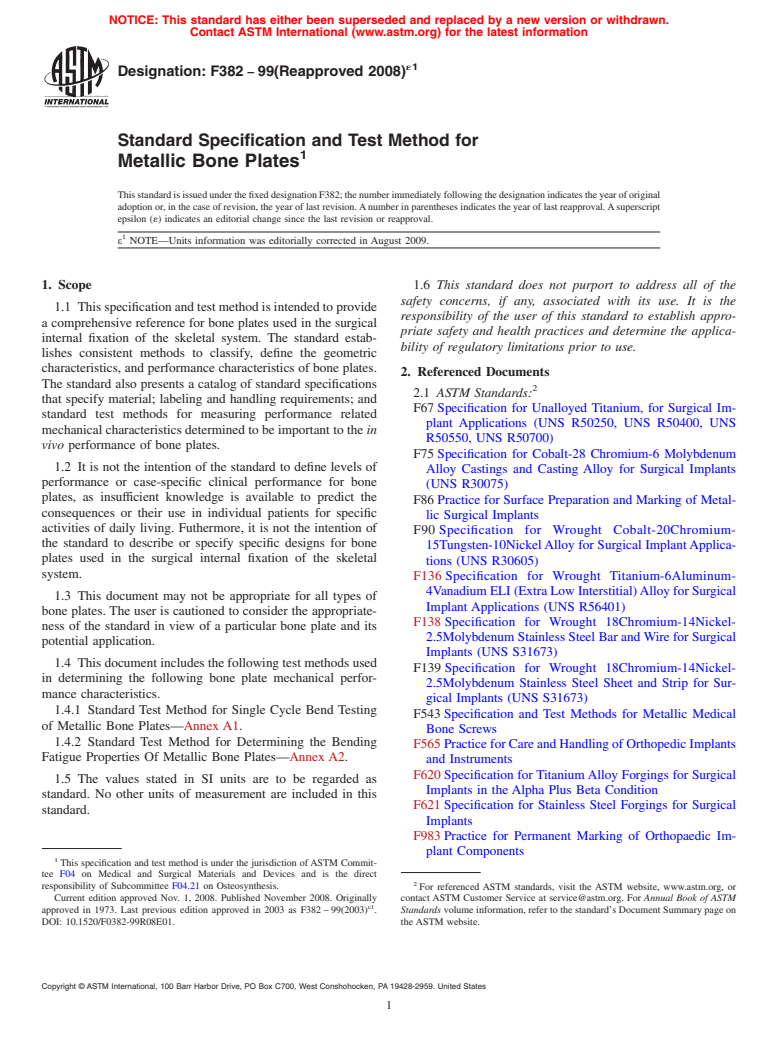 ASTM F382-99(2008)e1 - Standard Specification and Test Method for Metallic Bone Plates