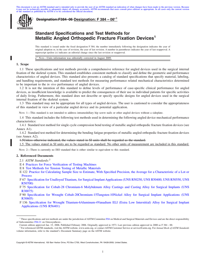 REDLINE ASTM F384-06e1 - Standard Specifications and Test Methods for Metallic Angled Orthopedic Fracture Fixation Devices