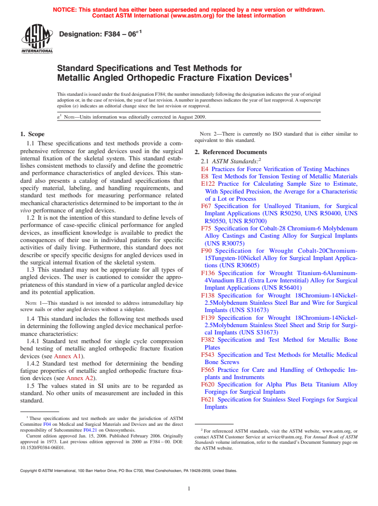 ASTM F384-06e1 - Standard Specifications and Test Methods for Metallic Angled Orthopedic Fracture Fixation Devices