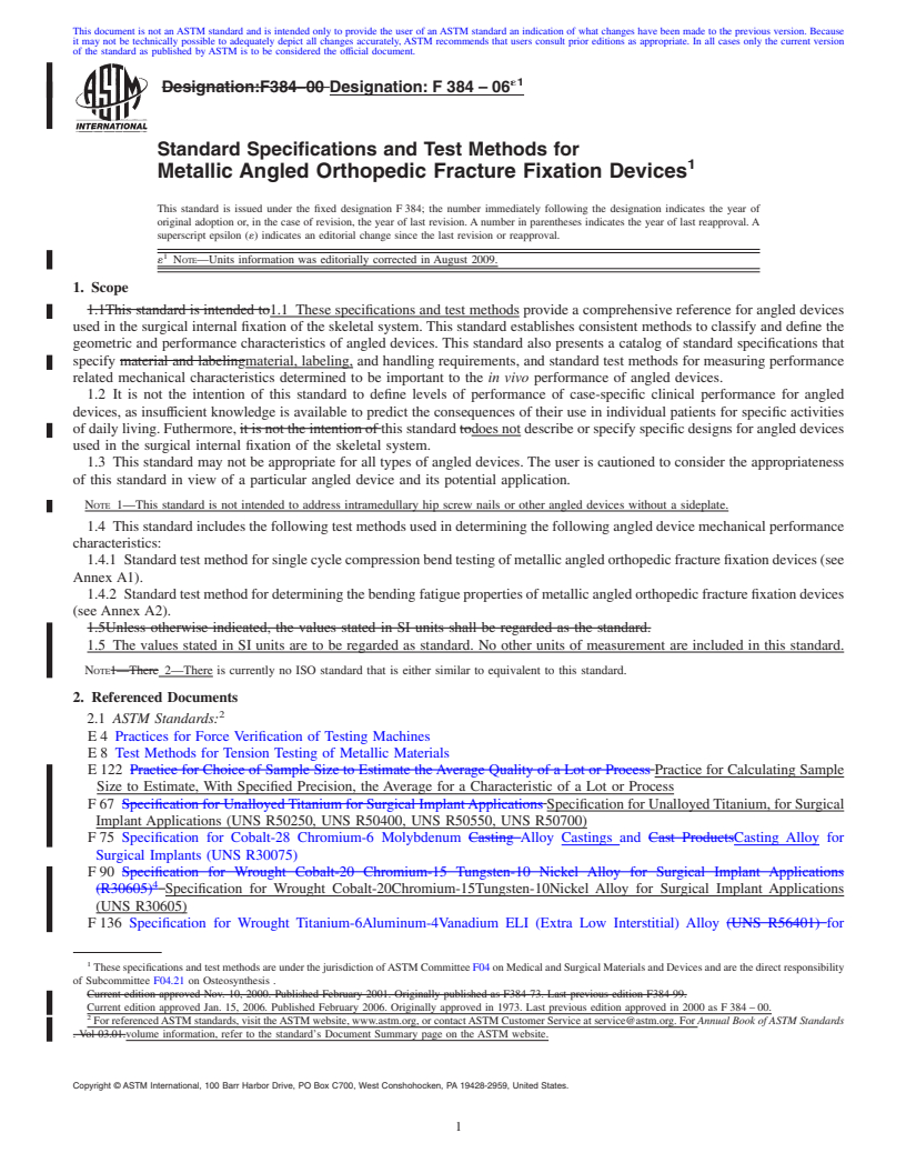 REDLINE ASTM F384-06e1 - Standard Specifications and Test Methods for Metallic Angled Orthopedic Fracture Fixation Devices