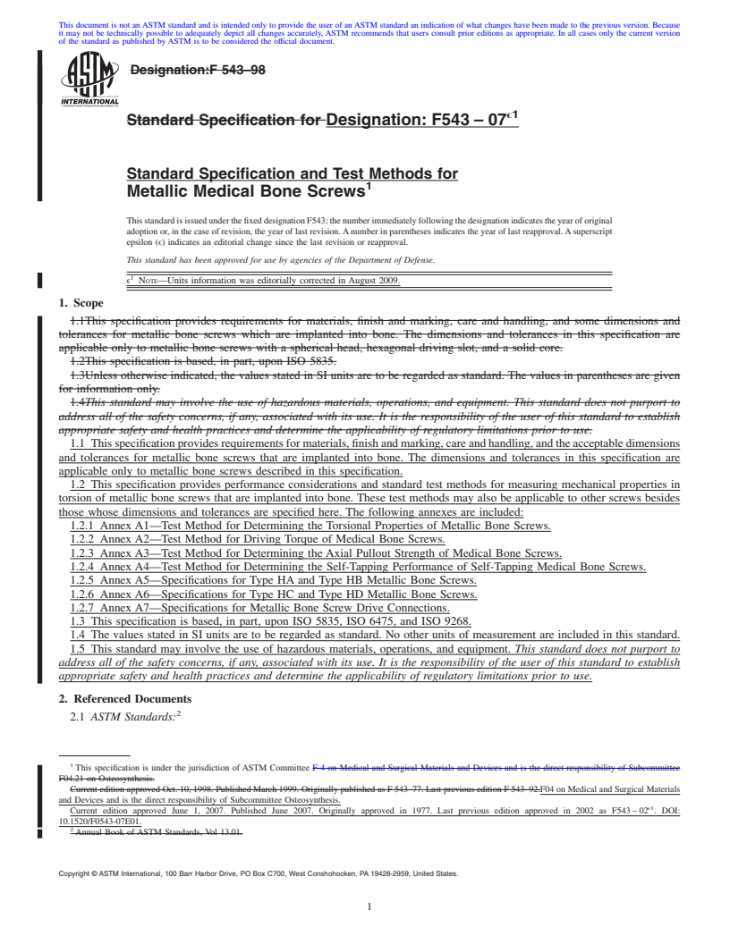 REDLINE ASTM F543-07e1 - Standard Specification and Test Methods for  Metallic Medical Bone Screws