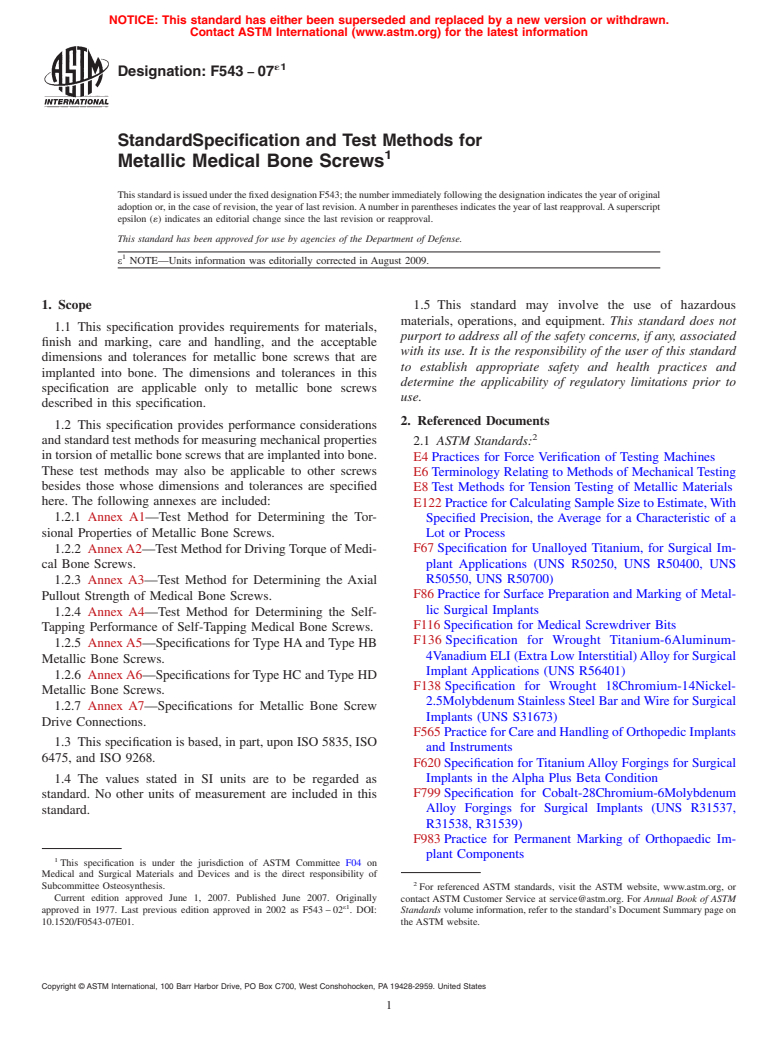 ASTM F543-07e1 - Standard Specification and Test Methods for  Metallic Medical Bone Screws