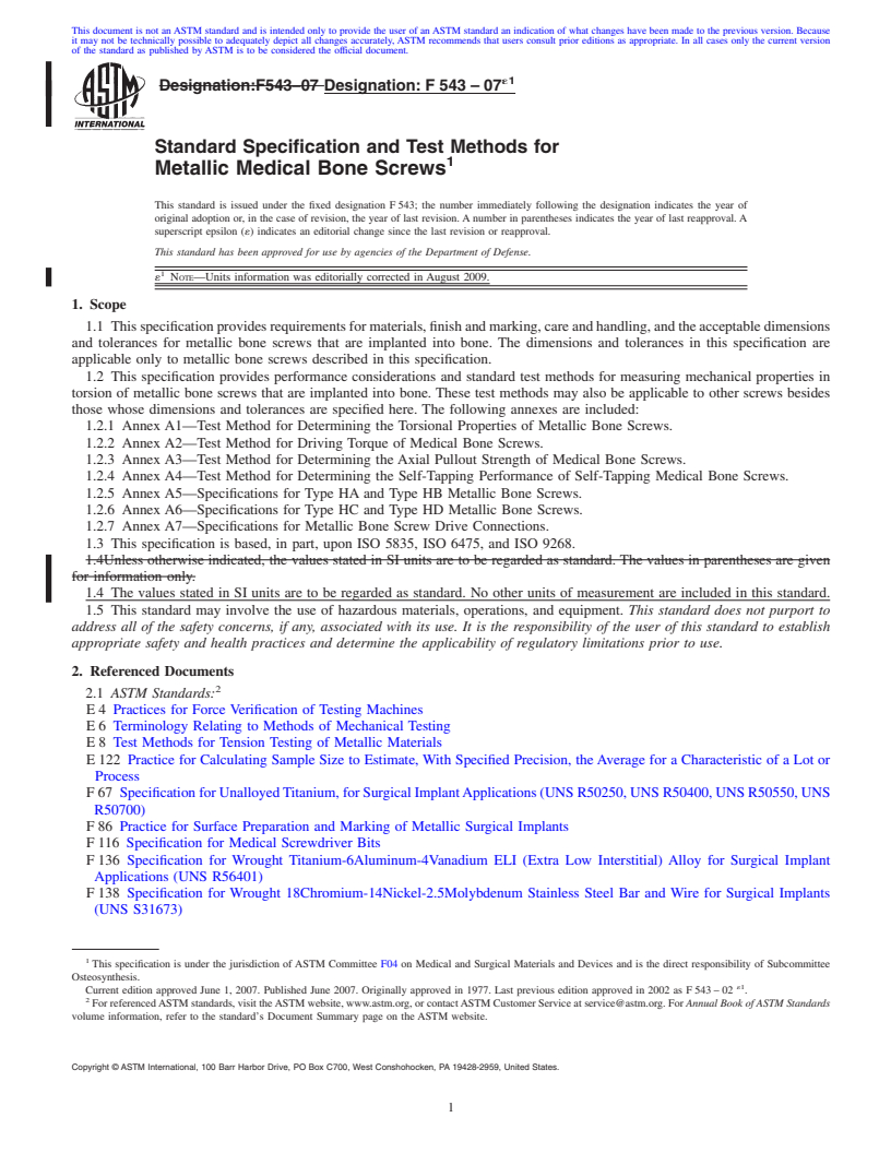 REDLINE ASTM F543-07e1 - Standard Specification and Test Methods for  Metallic Medical Bone Screws