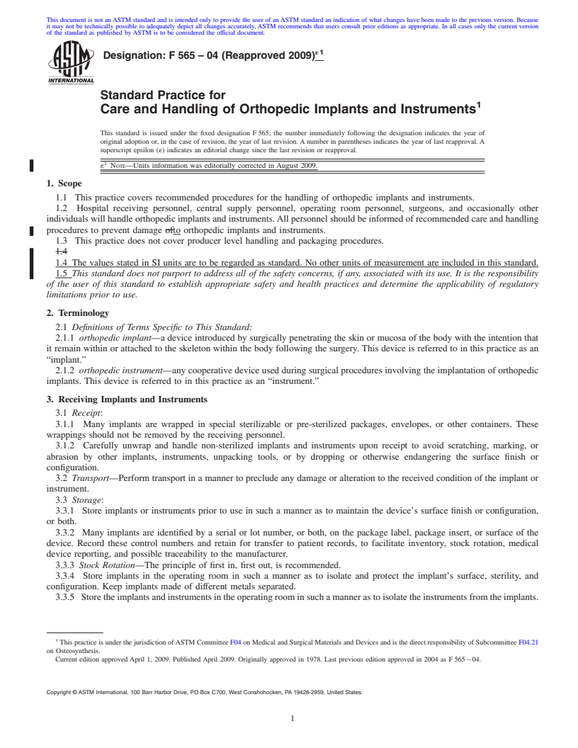 REDLINE ASTM F565-04(2009)e1 - Standard Practice for Care and Handling of Orthopedic Implants and Instruments