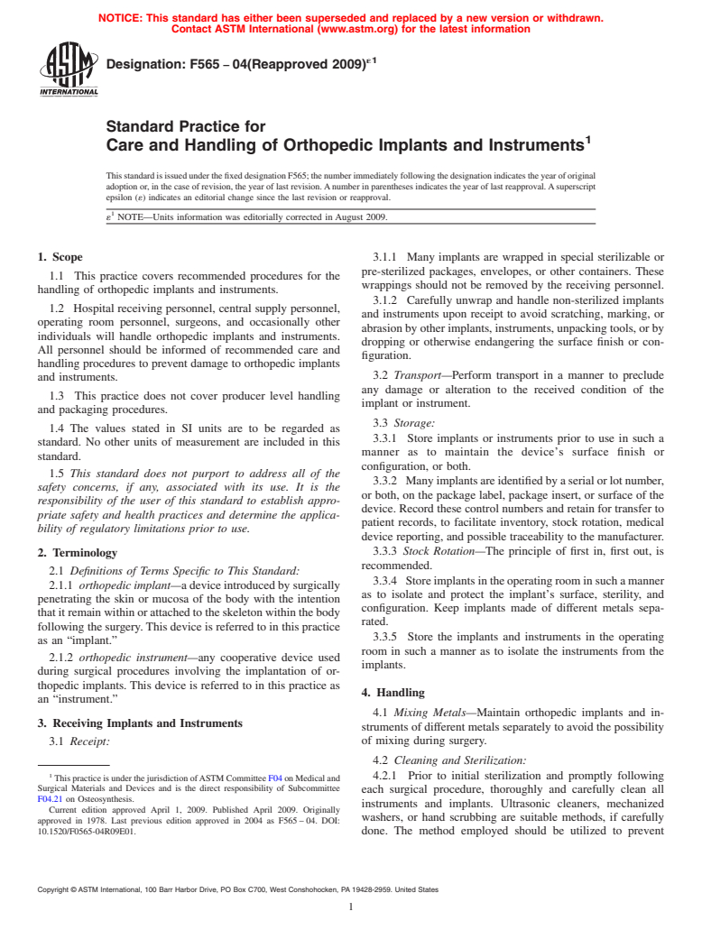 ASTM F565-04(2009)e1 - Standard Practice for Care and Handling of Orthopedic Implants and Instruments