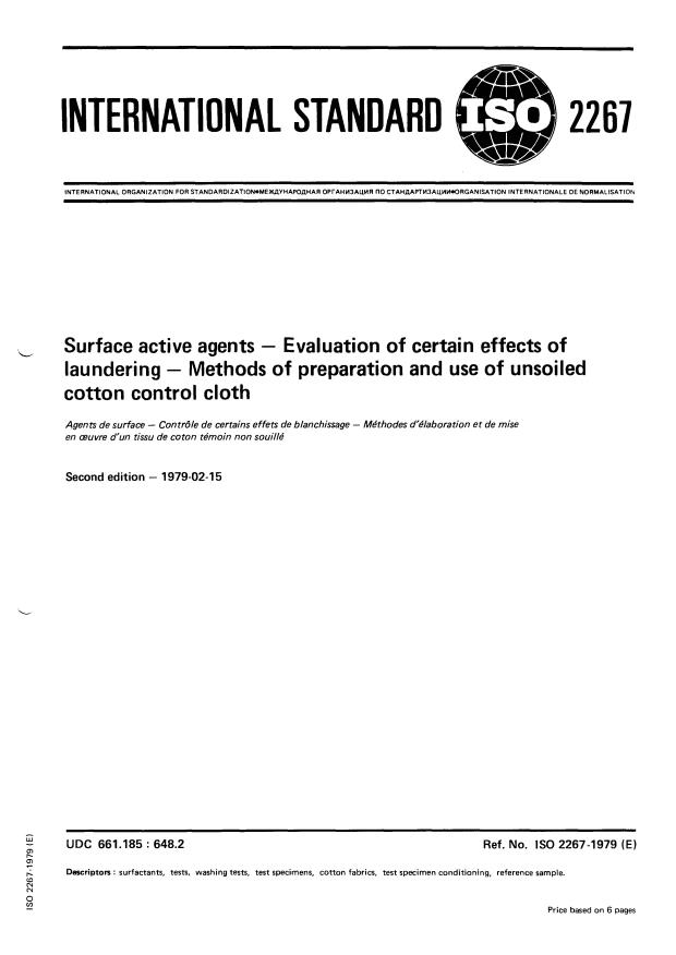 ISO 2267:1979 - Surface active agents -- Evaluation of certain effects of laundering -- Methods of preparation and use of unsoiled cotton control cloth