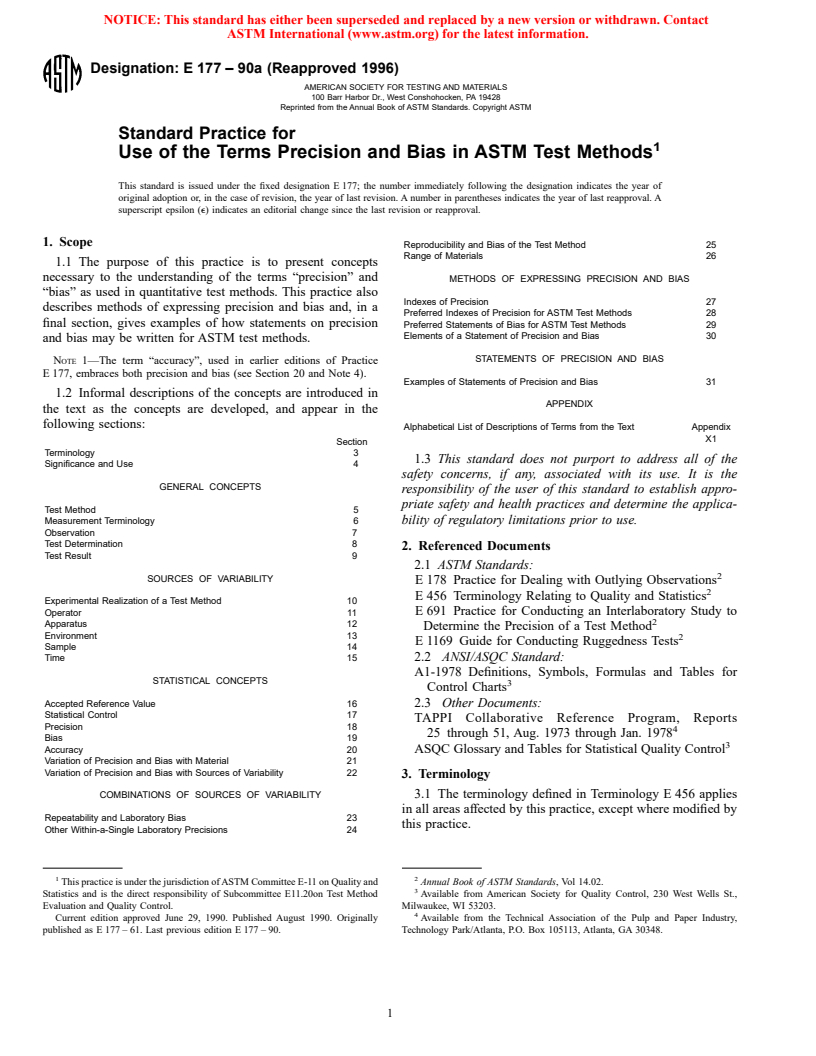 ASTM E177-90a(1996) - Standard Practice for Use of the Terms Precision and Bias in ASTM Test Methods