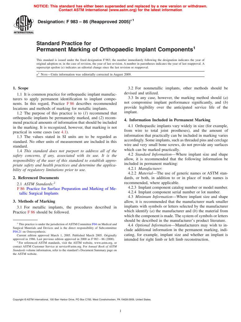 ASTM F983-86(2005)e1 - Standard Practice for Permanent Marking of Orthopaedic Implant Components