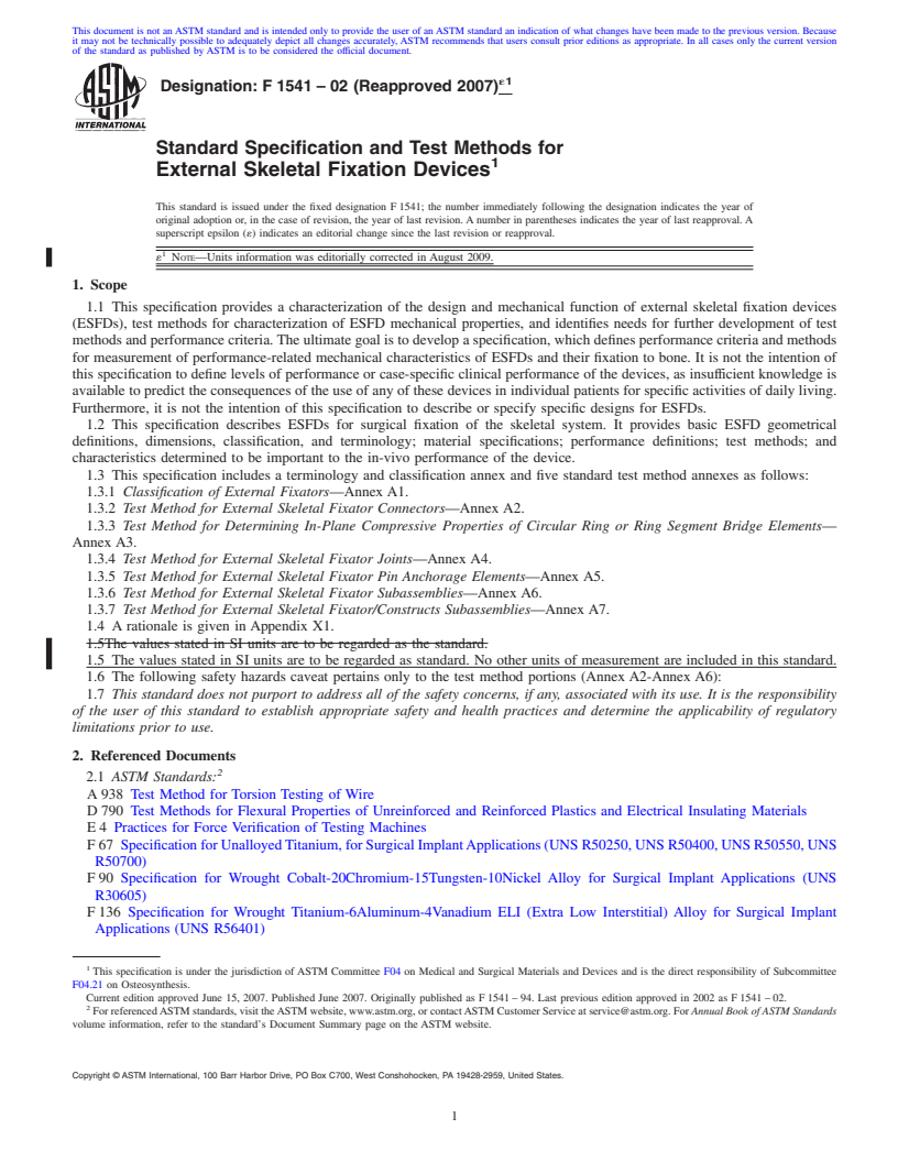 REDLINE ASTM F1541-02(2007)e1 - Standard Specification and Test Methods for External Skeletal Fixation Devices