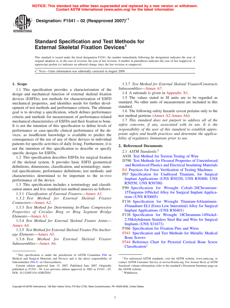 ASTM F1541-02(2007)e1 - Standard Specification and Test Methods for External Skeletal Fixation Devices