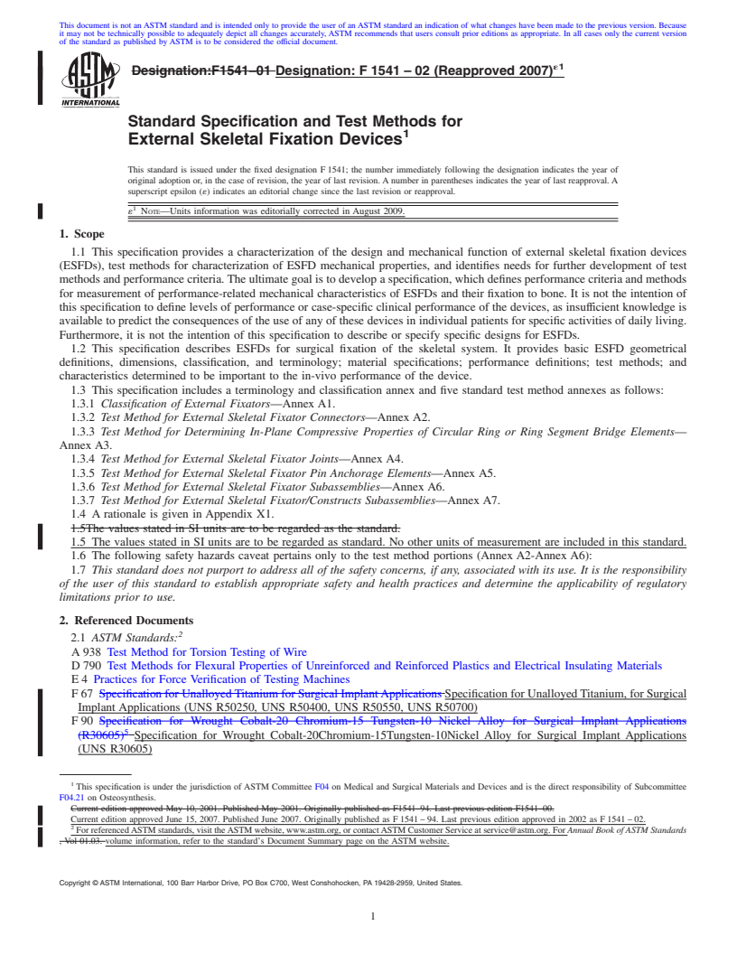 REDLINE ASTM F1541-02(2007)e1 - Standard Specification and Test Methods for External Skeletal Fixation Devices