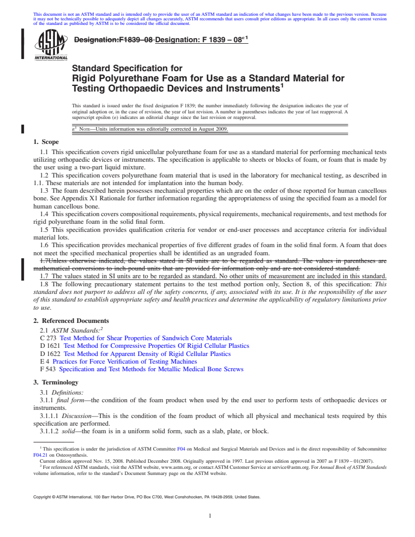 REDLINE ASTM F1839-08e1 - Standard Specification for Rigid Polyurethane Foam for Use as a Standard Material for Testing Orthopedic Devices and Instruments