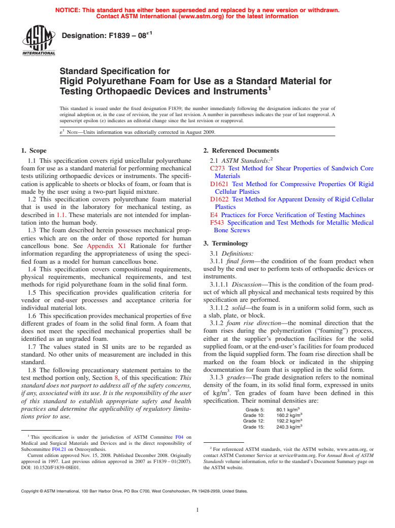 ASTM F1839-08e1 - Standard Specification for Rigid Polyurethane Foam for Use as a Standard Material for Testing Orthopedic Devices and Instruments