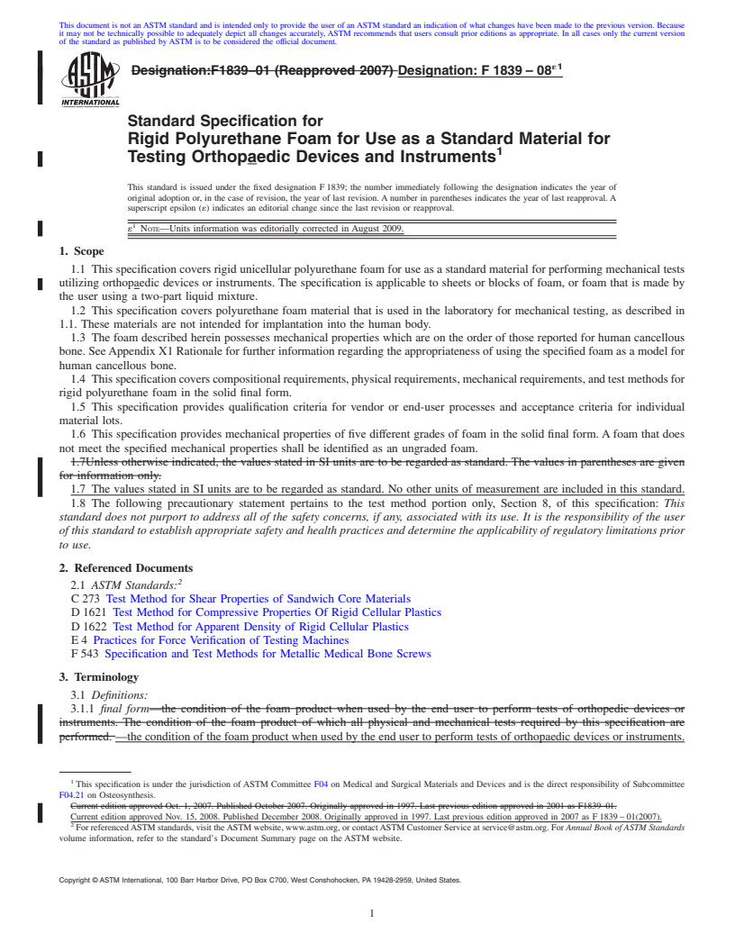 REDLINE ASTM F1839-08e1 - Standard Specification for Rigid Polyurethane Foam for Use as a Standard Material for Testing Orthopedic Devices and Instruments