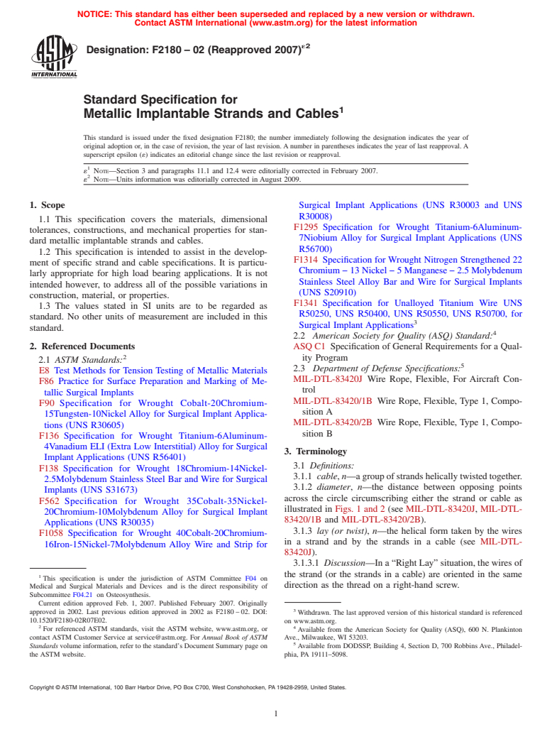 ASTM F2180-02(2007)e2 - Standard Specification for Metallic Implantable Strands and Cables