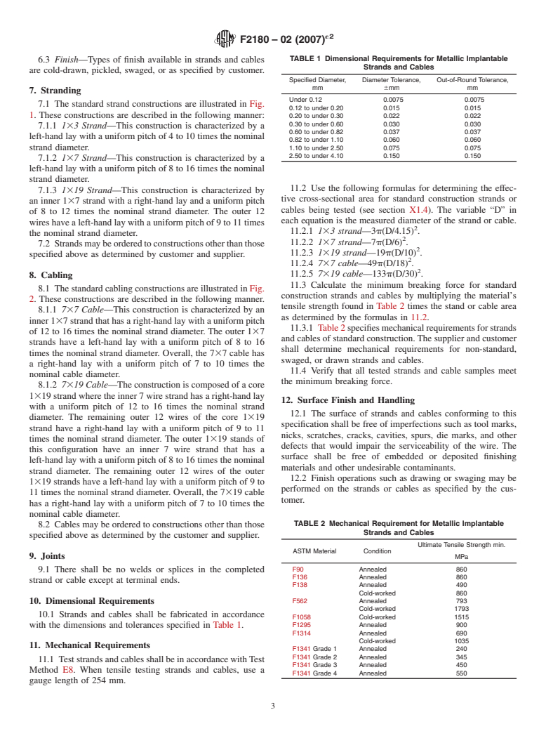 ASTM F2180-02(2007)e2 - Standard Specification for Metallic Implantable Strands and Cables