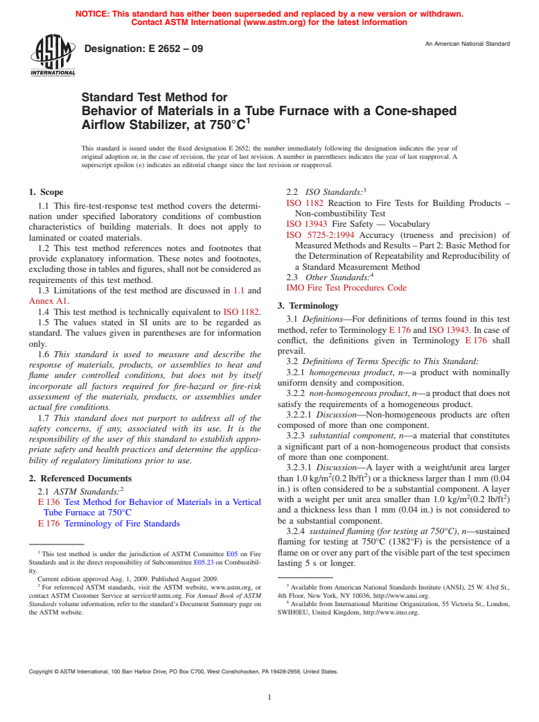 ASTM E2652-09 - Standard Test Method for  Behavior of Materials in a Tube Furnace with a Cone-shaped Airflow Stabilizer, at 750<span class='unicode'>&#x00B0;</span>C