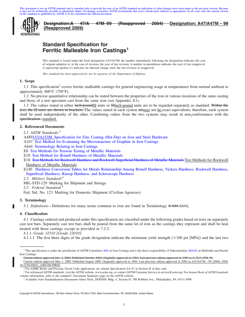 REDLINE ASTM A47/A47M-99(2009) - Standard Specification for Ferritic Malleable Iron Castings