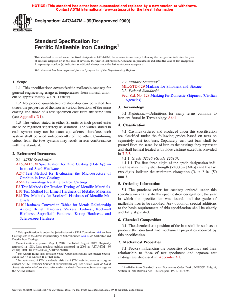 ASTM A47/A47M-99(2009) - Standard Specification for Ferritic Malleable Iron Castings