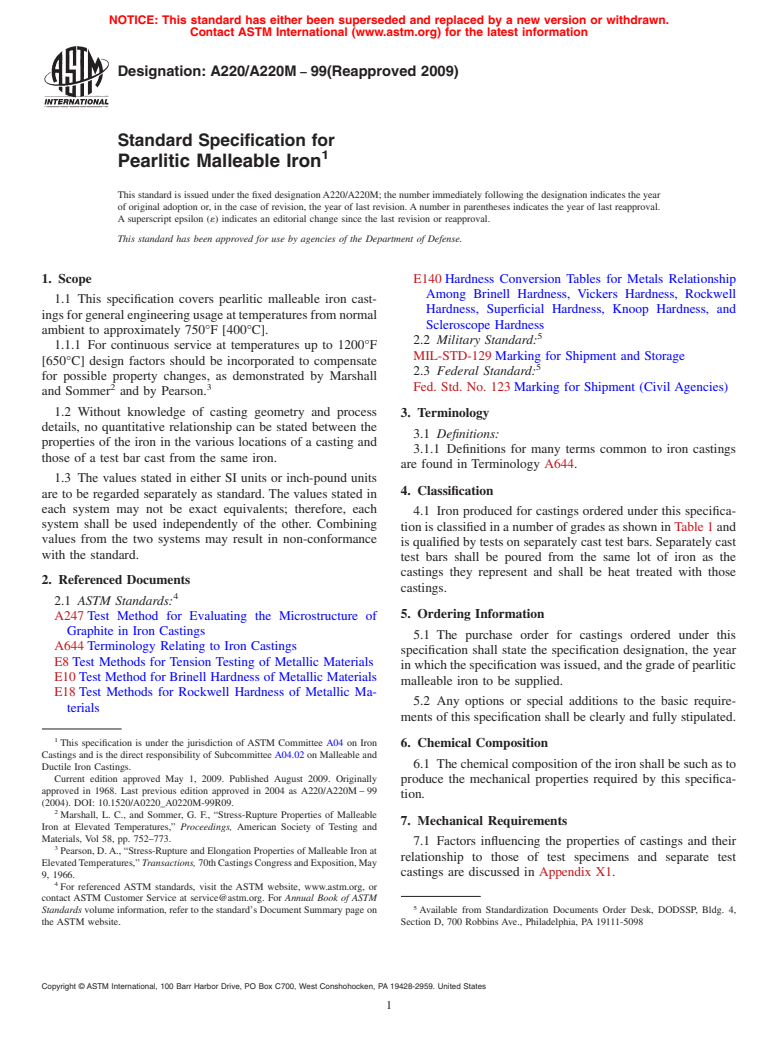 ASTM A220/A220M-99(2009) - Standard Specification for Pearlitic Malleable Iron