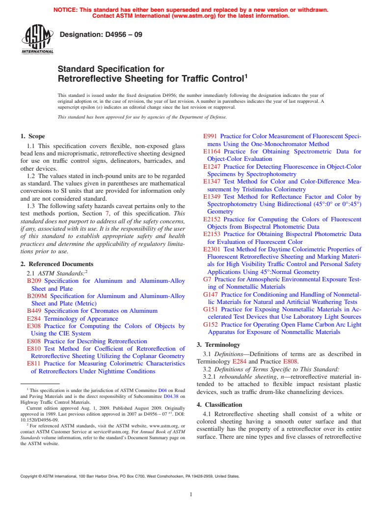 ASTM D4956-09 - Standard Specification for Retroreflective Sheeting for Traffic Control