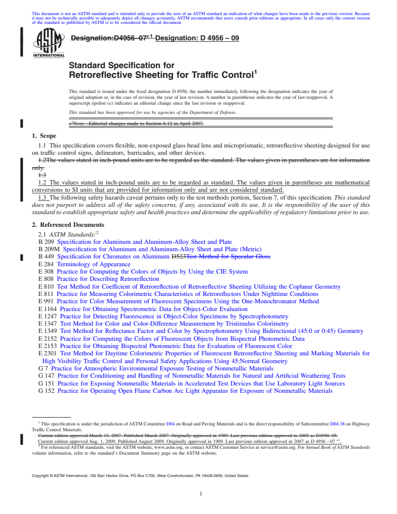 REDLINE ASTM D4956-09 - Standard Specification for Retroreflective Sheeting for Traffic Control