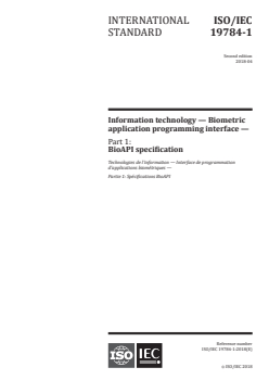 ISO/IEC 19784-1:2018 ISO/IEC 19784-1:2018 - Information technology — Biometric application programming interface — Part 1: BioAPI specification
Released:3/23/2018 - Page 1 preview