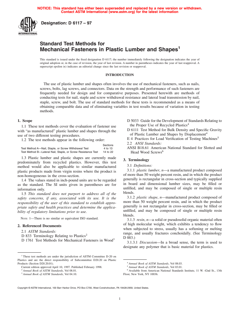 ASTM D6117-97 - Standard Test Methods for Mechanical Fasteners In Plastic Lumber and Shapes