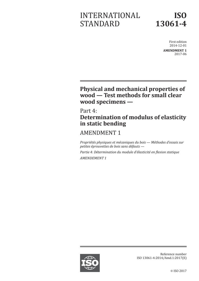 ISO 13061-4:2014/Amd 1:2017 ISO 13061-4:2014/Amd 1:2017 - Physical and mechanical properties of wood — Test methods for small clear wood specimens — Part 4: Determination of modulus of elasticity in static bending — Amendment 1
Released:7/12/2017
