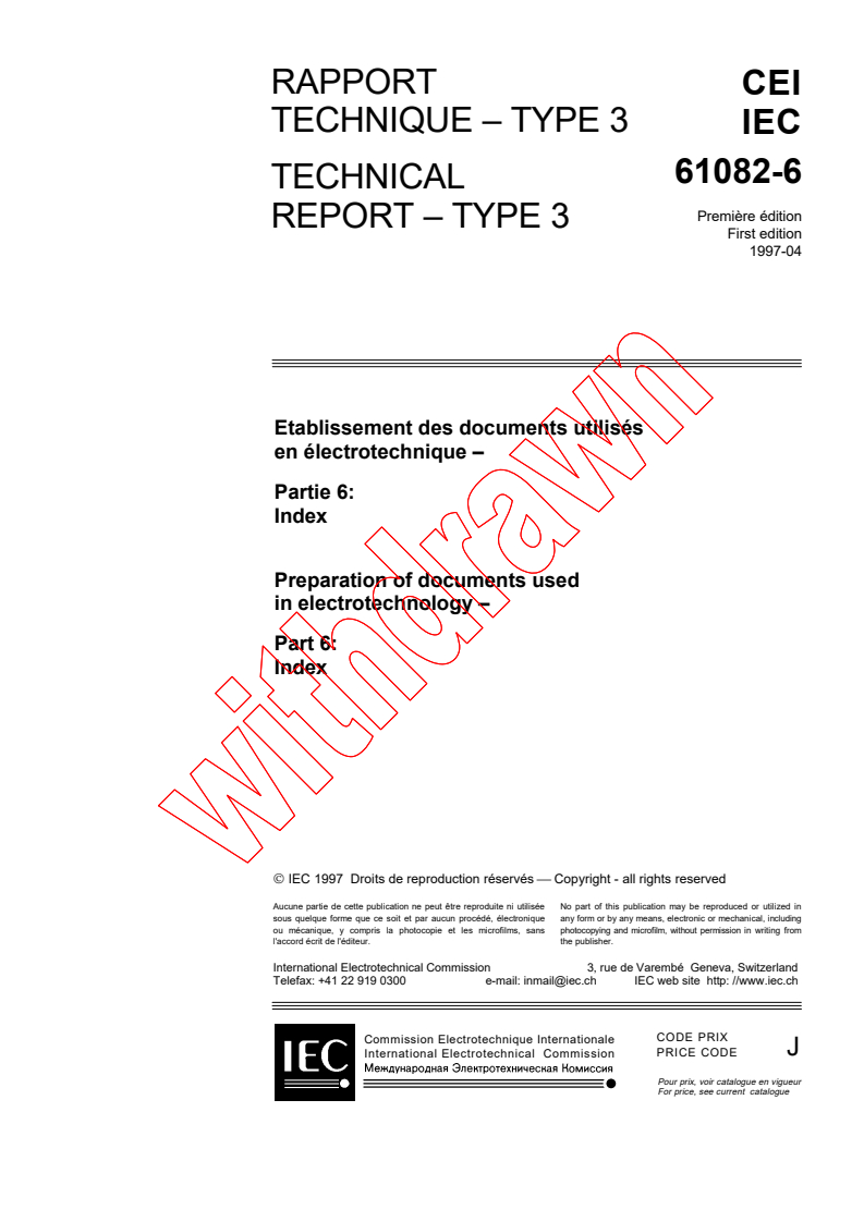 IEC TR 61082-6:1997 - Preparation of documents used in electrotechnology - Part 6: Index
Released:4/28/1997
Isbn:2831837855