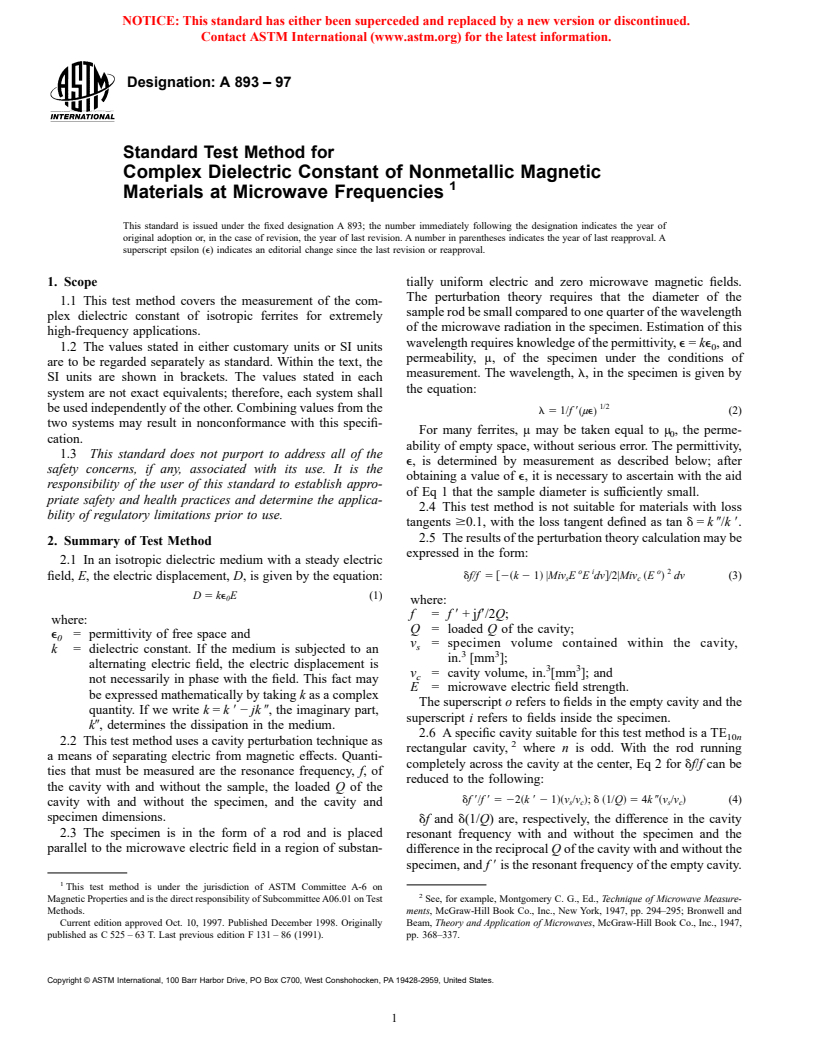 ASTM A893-97 - Standard Test Method for Complex Dielectric Constant of Nonmetallic Magnetic Materials at Microwave Frequencies