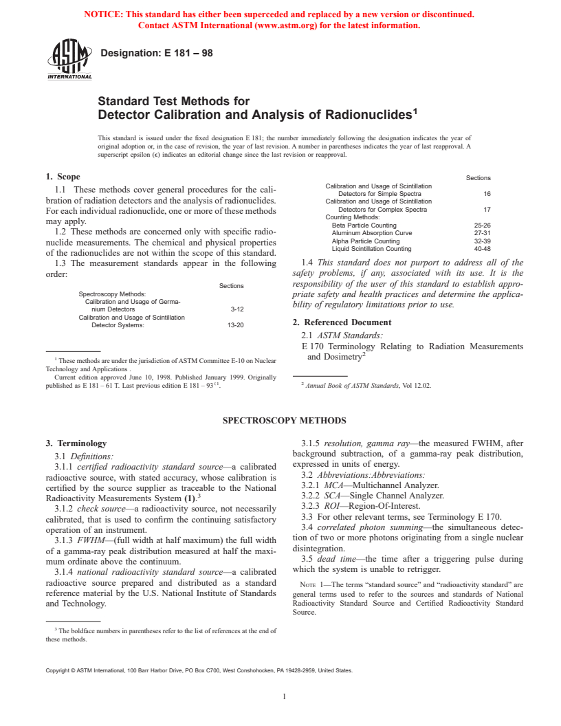 ASTM E181-98 - Standard Test Methods for Detector Calibration and Analysis of Radionuclides