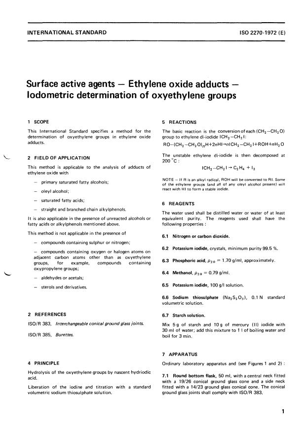 ISO 2270:1972 - Surface active agents -- Ethylene oxide adducts -- Iodometric determination of oxyethylene groups