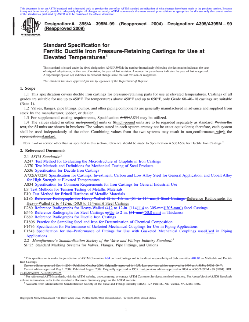 REDLINE ASTM A395/A395M-99(2009) - Standard Specification for Ferritic Ductile Iron Pressure-Retaining Castings for Use at Elevated Temperatures