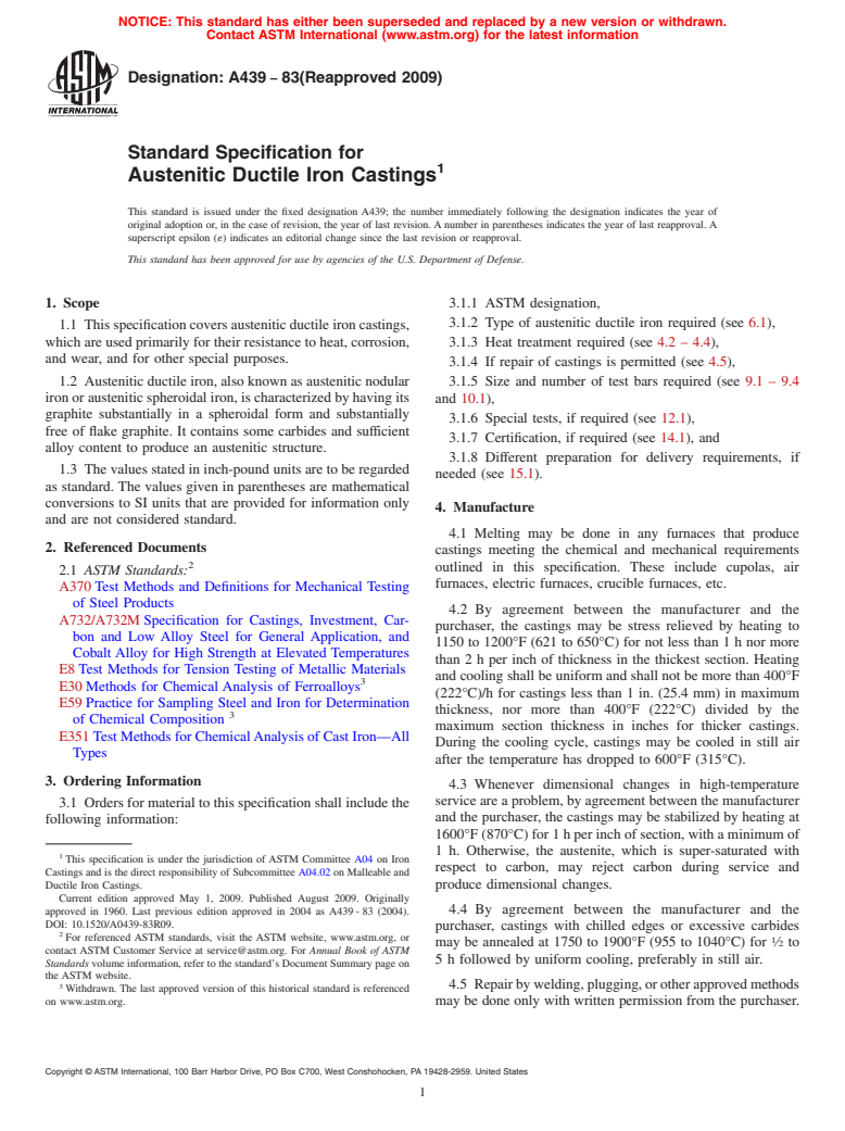 ASTM A439-83(2009) - Standard Specification for Austenitic Ductile Iron Castings