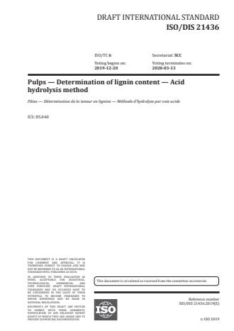 ISO/FDIS 21436:Version 24-apr-2020 - Pulps -- Determination of lignin content -- Acid hydrolysis method