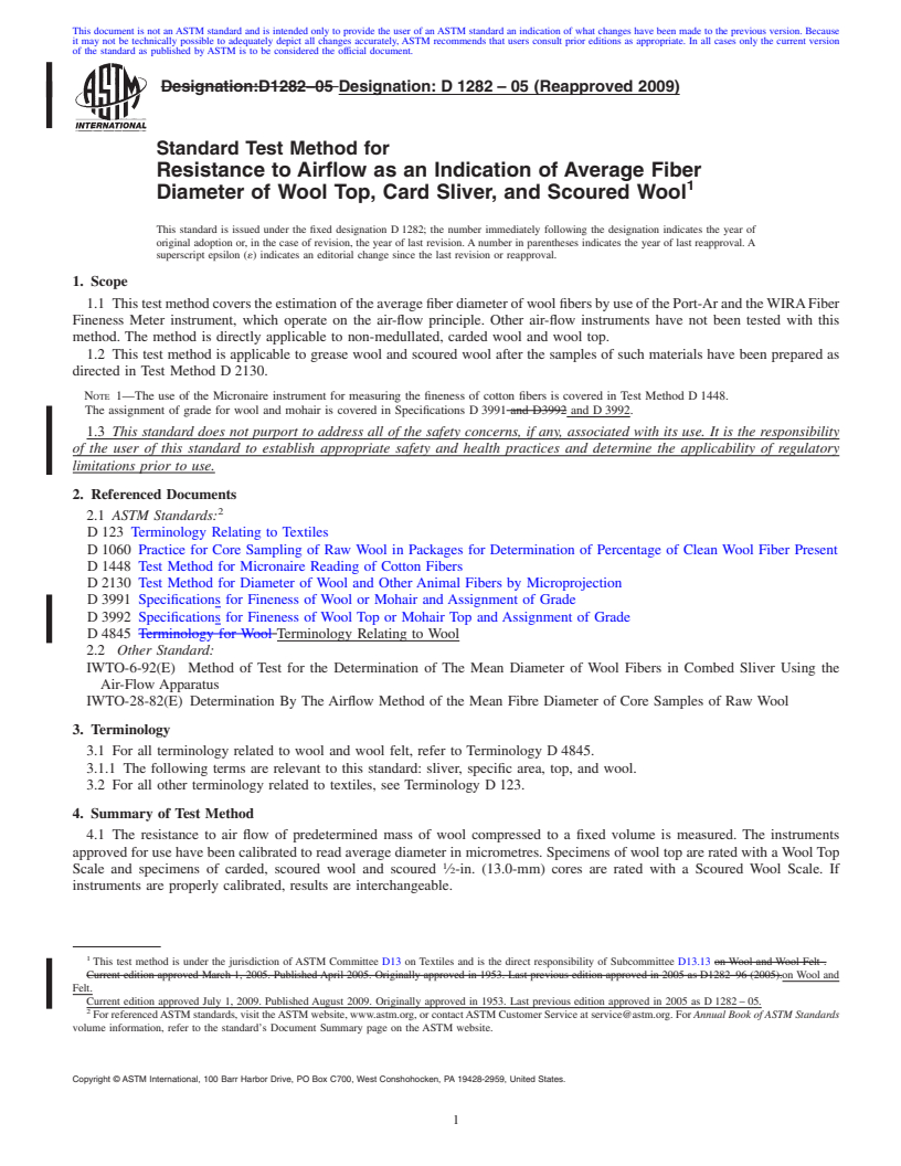 REDLINE ASTM D1282-05(2009) - Standard Test Method for Resistance to Airflow as an Indication of Average Fiber Diameter of Wool Top, Card Sliver, and Scoured Wool (Withdrawn 2018)