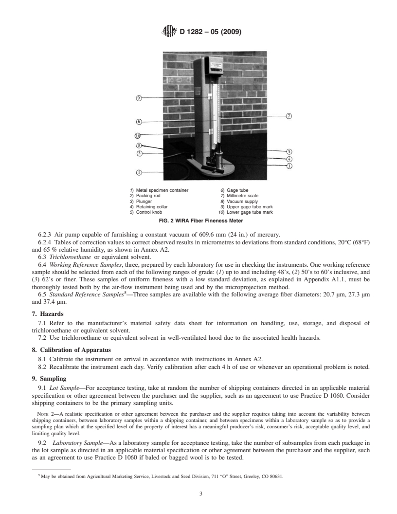 REDLINE ASTM D1282-05(2009) - Standard Test Method for Resistance to Airflow as an Indication of Average Fiber Diameter of Wool Top, Card Sliver, and Scoured Wool (Withdrawn 2018)