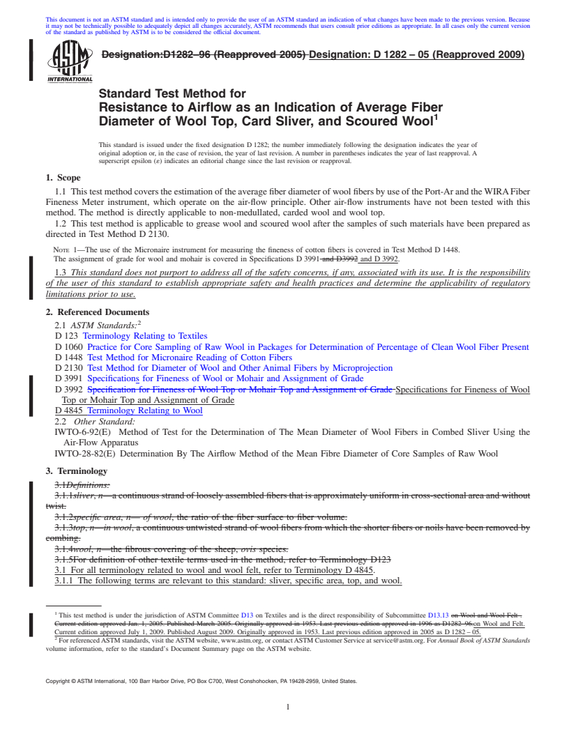 REDLINE ASTM D1282-05(2009) - Standard Test Method for Resistance to Airflow as an Indication of Average Fiber Diameter of Wool Top, Card Sliver, and Scoured Wool (Withdrawn 2018)